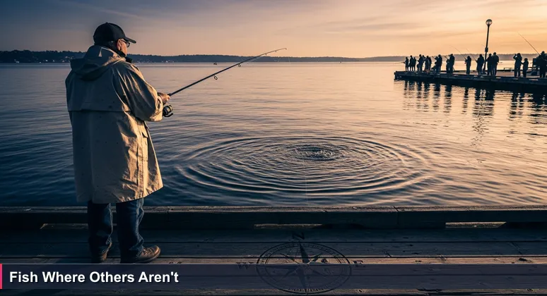 A seasoned angler on a Seattle pier at sunrise, strategically fishing in a quiet current while others crowd the obvious spots, symbolizing smart cybersecurity job search.