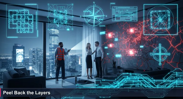 A home renovation scene where a contractor exposes structural damage behind a wall, symbolizing hidden costs in Seattle's cost of living versus salaries debate.