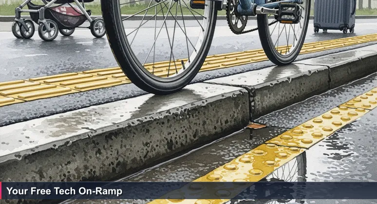 Close-up of a weathered concrete curb cut on a Seattle sidewalk, with a yellow tactile strip and pooled rainwater, symbolizing accessible entry to tech training.