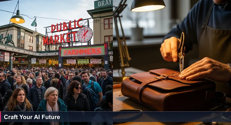 A bustling Pike Place Market scene in Seattle with a crowd watching fish throwers, and an artisan in focus crafting a leather bag, symbolizing hidden AI career opportunities.