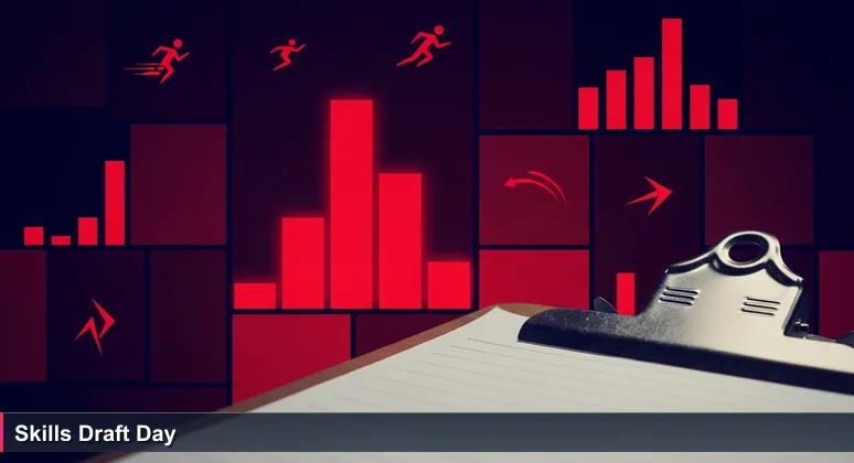 A football scout's clipboard with handwritten tech skill metrics like cloud certs and coding speed, symbolizing Seattle's skills-first hiring for tech jobs without degrees.