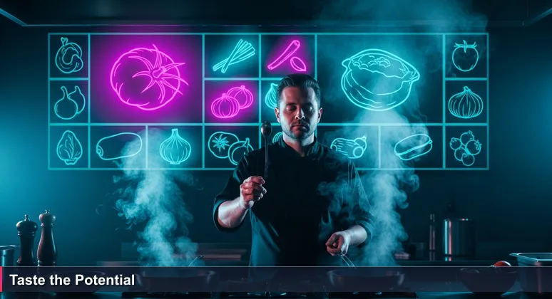 A chef in a busy kitchen tasting a sauce from a spoon, with raw and simmering ingredients in the background, symbolizing junior developers evaluating startup opportunities in Seattle.