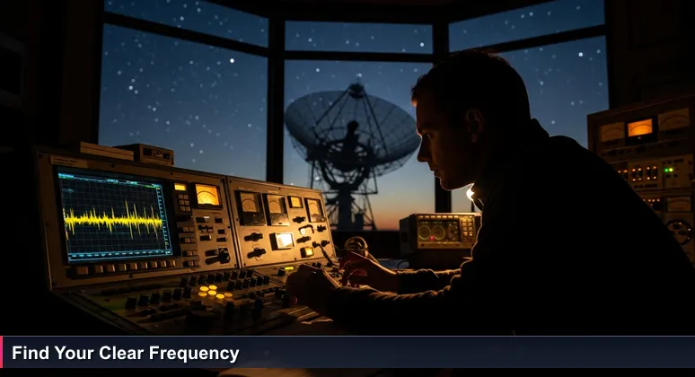 A tech professional in Seattle tuning a radio telescope, symbolizing finding clear community signals in the tech noise.