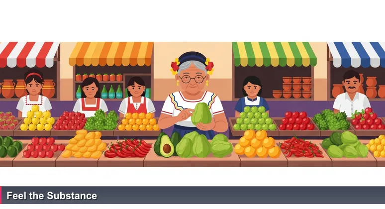 An abuelita in a Mexican mercado carefully feels a chayote for firmness, symbolizing the need to evaluate tech job offers beyond surface salaries.
