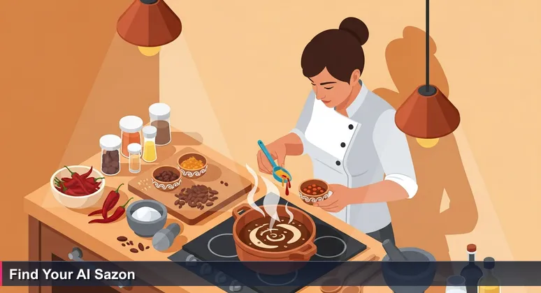 A cook in a Mexico City kitchen carefully measuring spices for a mole recipe, with a handwritten recipe card and ingredients like dried chiles and cacao beans on the counter.