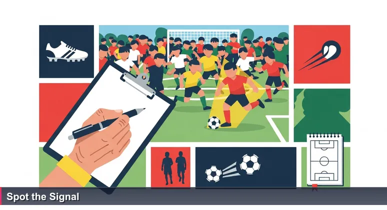 A scout's hand holding a pen over a clipboard at a chaotic youth soccer match in Mexico, focusing on one player making a brilliant pass.