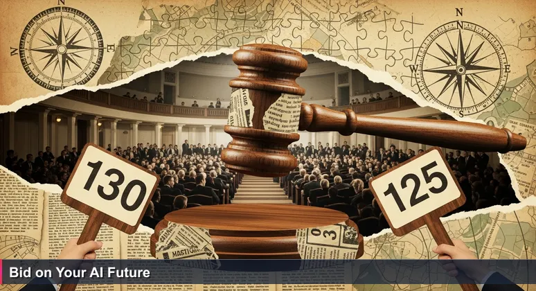 An auctioneer's gavel poised to strike, with bidding paddles raised in the background, symbolizing the competitive AI salary market in Mexico.