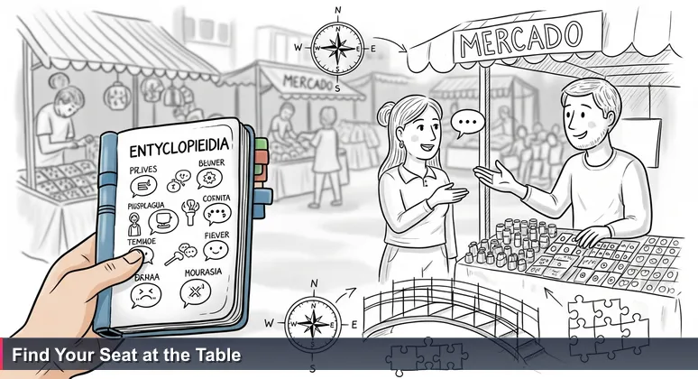 A traveler engaging in conversation with a vendor at a bustling Mexican market, symbolizing AI networking and community building in Mexico.