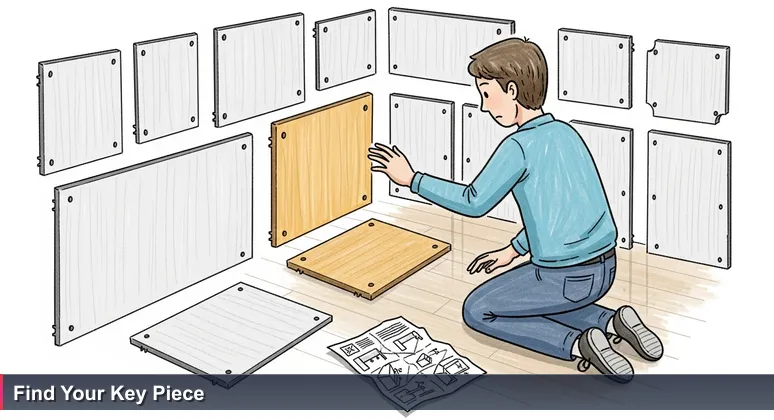 A person hesitating among furniture panels, symbolizing the choice of AI career paths at top companies in Mexico.