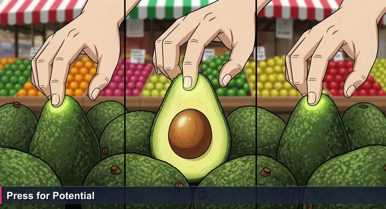A close-up of hands gently pressing avocados at a vibrant Mexican market stand, symbolizing the careful selection of tech career opportunities in Mexico.