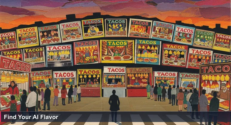 A person looking overwhelmed in a vibrant Mexico City mercado at dusk, with multiple taco stalls, symbolizing the challenge of picking the right AI bootcamp.