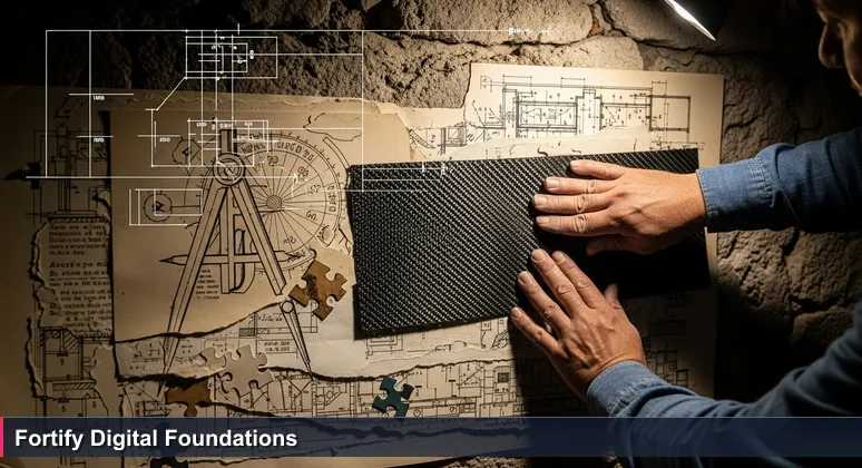 Artisan hands applying carbon fiber to reinforce an ancient stone wall in Mexico City, symbolizing cybersecurity protection and digital resilience