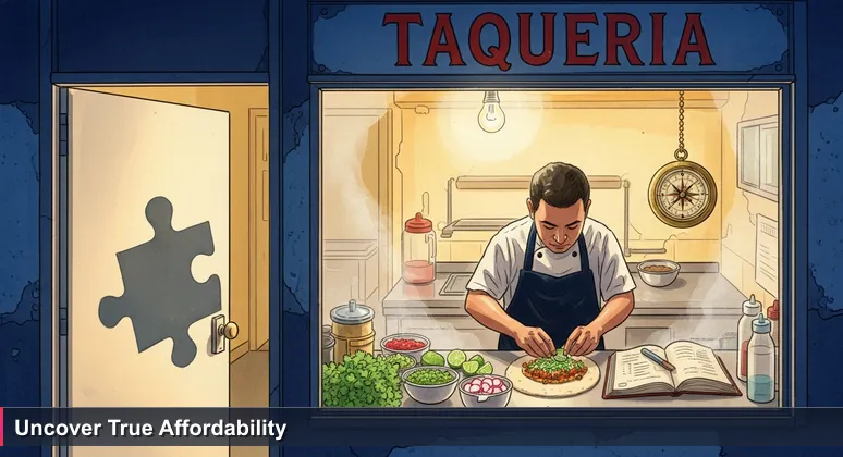 A modest taquería storefront at dusk, with a chef inside preparing fresh tacos, symbolizing hidden value in Mexico's tech career opportunities