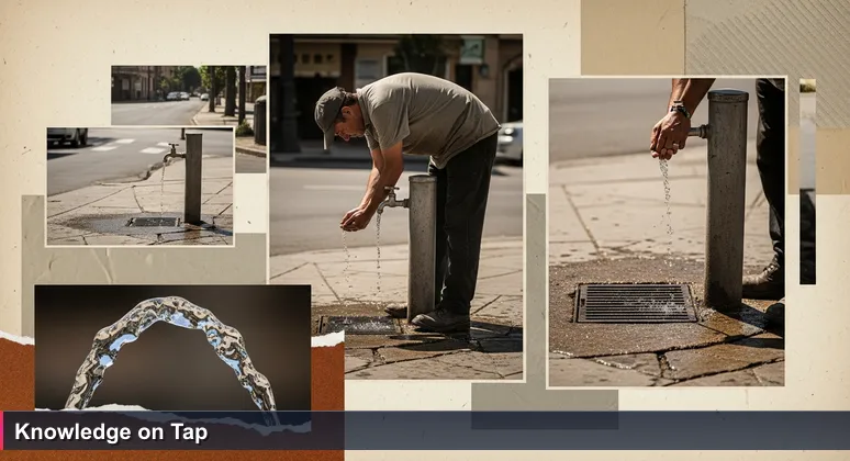 A person in work clothes finds refreshment at a public water fountain, symbolizing access to free tech training at Mexico's libraries and community centers.