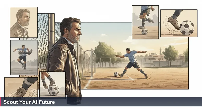 A soccer scout observes a match on a dusty neighborhood pitch in Mexico City, symbolizing the search for hidden AI talent in unexpected industries.