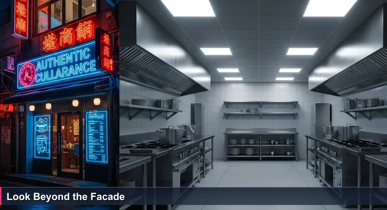 A visual metaphor showing a vibrant restaurant facade contrasted with a sterile, empty kitchen, symbolizing superficial versus genuine tech coworking spaces in Mexico.