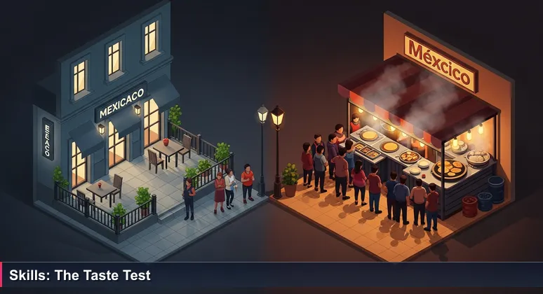 A vibrant Mexico City street at dusk with a busy food stall and an empty fancy restaurant, symbolizing that tech talent comes from practical skills over formal degrees.