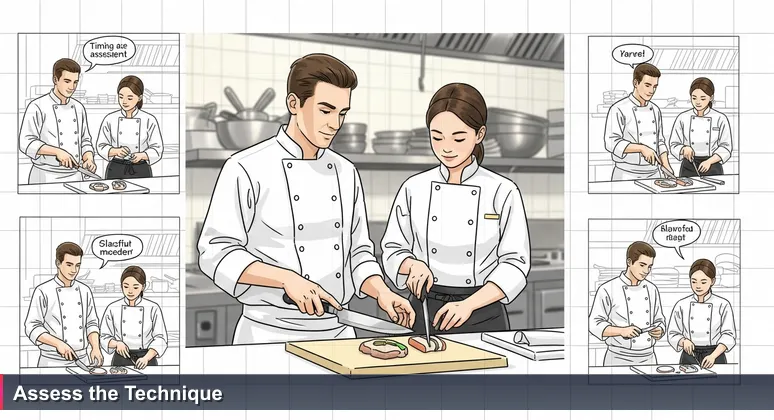 A head chef mentoring a junior cook in a bustling kitchen, representing the unseen learning culture in Mexico's top tech startups for junior developers.