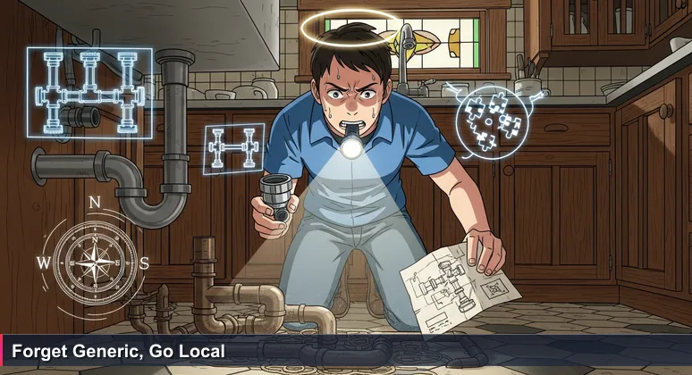 A person under a kitchen sink in a Waco home, frustrated with a generic plumbing diagram, symbolizing the need for local context in AI career planning.