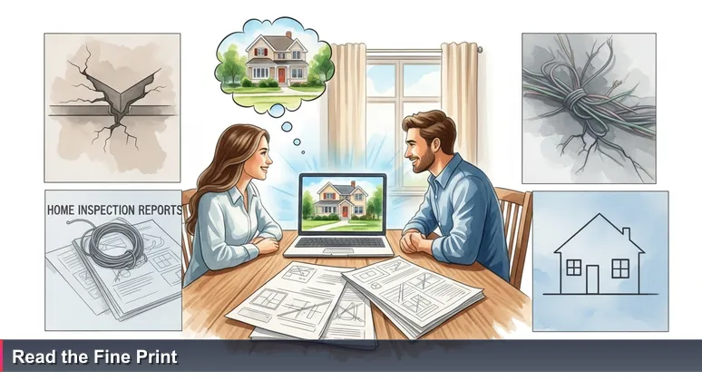A couple ignores a home inspection report while focused on a house listing on a laptop, illustrating the need to evaluate tech salaries beyond surface numbers in Waco.