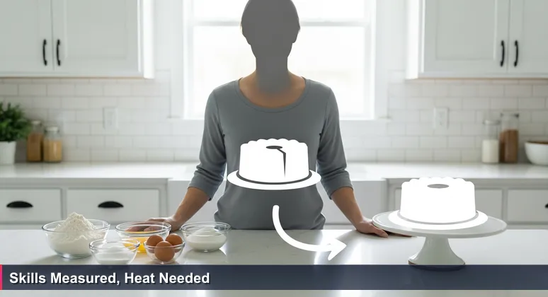 A person in a sunlit Waco kitchen looks frustrated at bowls of raw ingredients while an oven timer beeps, symbolizing the gap between having AI skills and applying them.