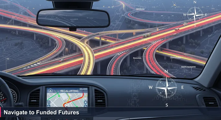 A driver's view of the I-35 interchange in Waco at dusk, with glowing exit lanes branching towards Austin, Dallas, and downtown, symbolizing career funding paths for tech training.