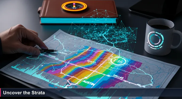 Weathered hand unfolds a creased geological map of Texas on a wooden table, highlighting Waco, Austin, and Dallas on the I-35 corridor.