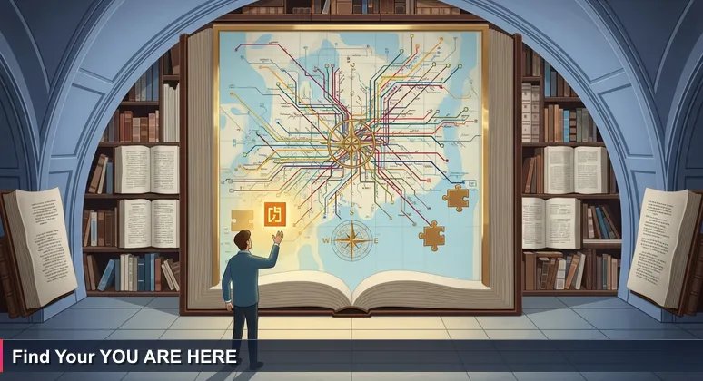 A person pointing at a 'YOU ARE HERE' sticker on a subway map, representing navigation through Waco's AI networking landscape for meetups and events.