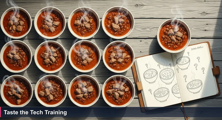 Ten bowls of Texas chili on a chef's table with an open notebook, symbolizing the careful evaluation of AI bootcamp options in Waco, TX.