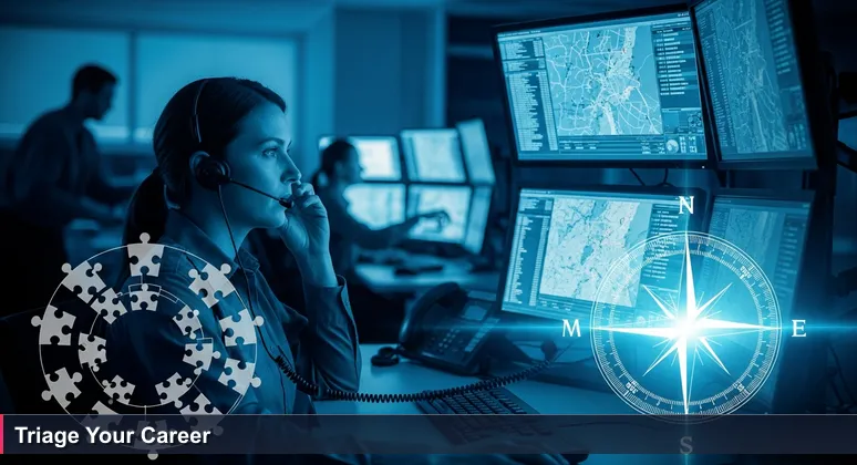 A cybersecurity professional depicted as a focused 911 dispatcher in Waco, TX, monitoring screens with job market data for 2026, symbolizing career triage in a high-stakes environment.