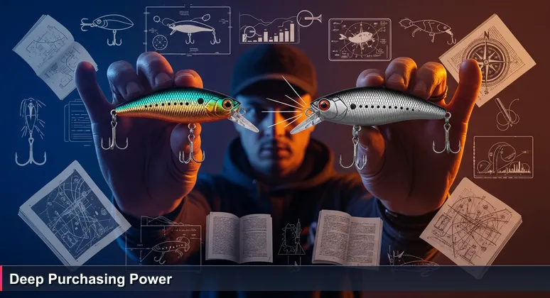 Side-by-side view of two fishing lures: one shiny and complex, the other matte and simple, held by hands in a bright store, representing the choice between high-cost prestige and practical value in tech careers.