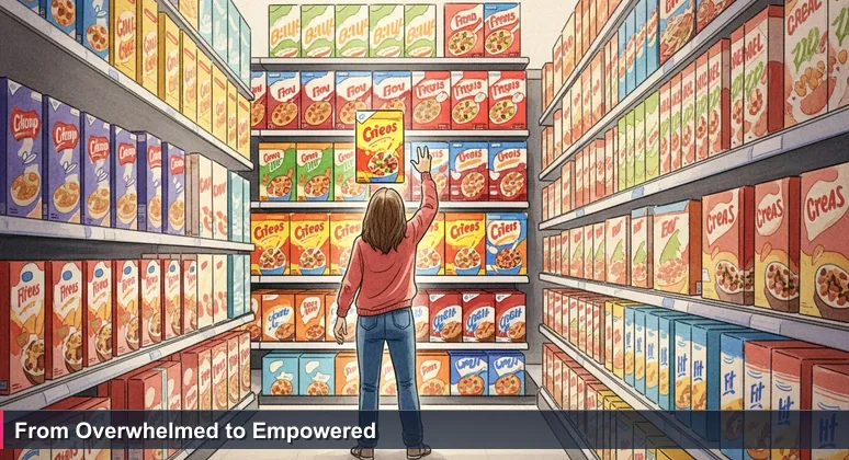 A person looking overwhelmed in a H-E-B grocery store cereal aisle, symbolizing the challenge of choosing free tech training in Waco.