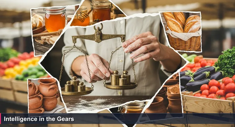 Hands calibrating an antique mechanical scale at a Waco farmer's market, symbolizing AI integration into traditional local industries.