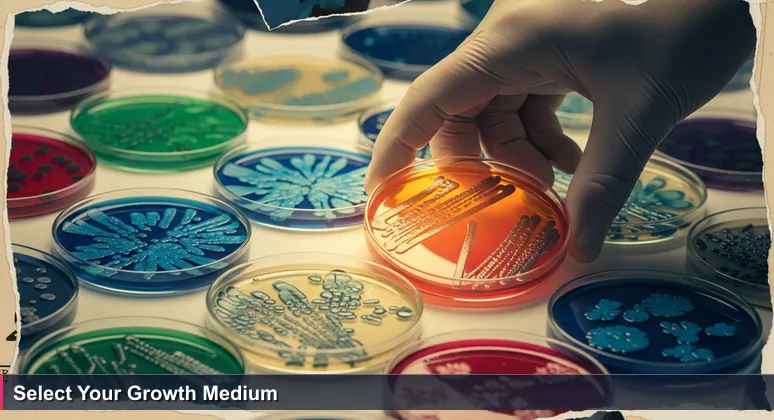 A gloved hand selecting a vibrant petri dish from an array of colorful microbial cultures, symbolizing choosing the right tech coworking space in Waco, TX.