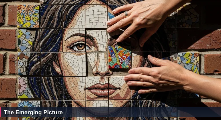 Close-up of hands placing a ceramic tile into a mosaic on a sun-drenched Waco brick wall, forming a woman's face to symbolize the interconnected women-in-tech ecosystem in Central Texas.