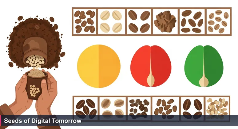 Close-up of a farmer's hands selecting diverse seeds on Ethiopian soil, symbolizing the potential of AI startups in Ethiopia's growing tech landscape.