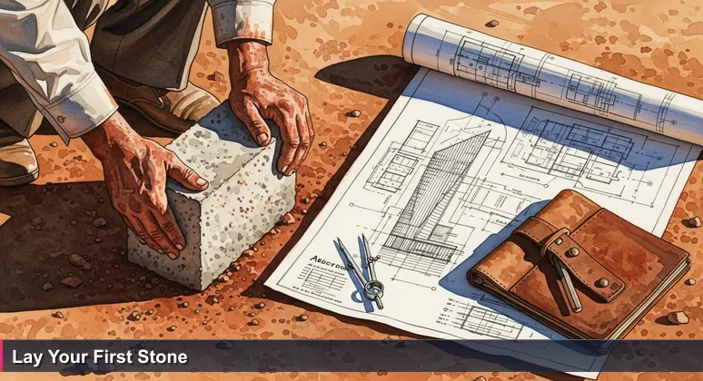 Close-up of hands placing a granite cornerstone in Addis Ababa, with a blurred blueprint for a modern skyscraper in the background, symbolizing the start of an AI career.