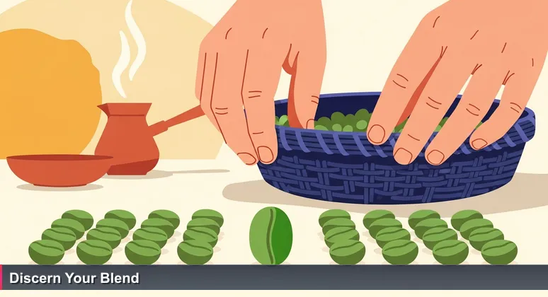 Close-up of hands selecting green coffee beans at a traditional Ethiopian coffee ceremony in Addis Ababa, symbolizing discernment in tech career choices.