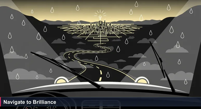 A nighttime driver's view on a winding, foggy mountain road with potholes, leading to the glowing city lights of Addis Ababa below, symbolizing the tech career journey in Ethiopia.