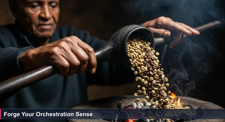 Experienced hands roasting coffee beans in a traditional Ethiopian jebena, symbolizing the intuitive craft of AI engineering in Ethiopia.