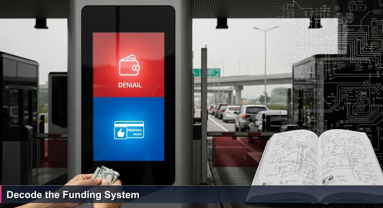 A driver at a smart toll booth in Addis Ababa, holding cash while digital payment options like telebirr are displayed, symbolizing new funding methods for tech training in 2026.