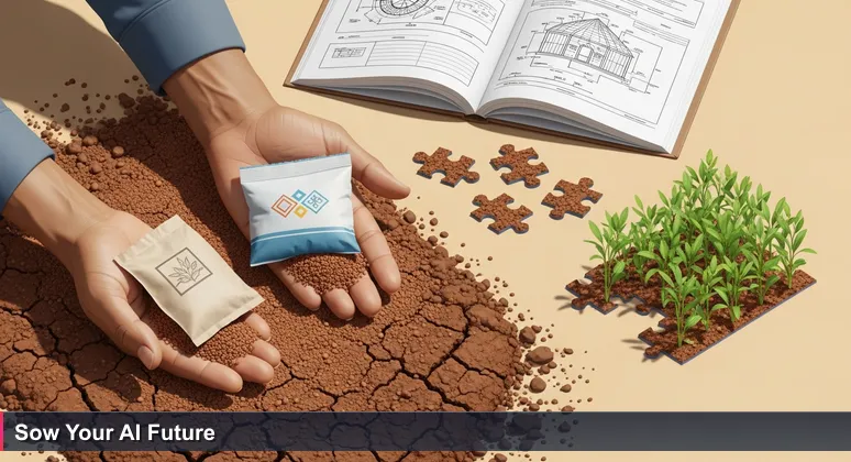 Close-up of an Ethiopian farmer's weathered hands holding two seed packets in a sun-baked field, symbolizing career choices in AI for 2026
