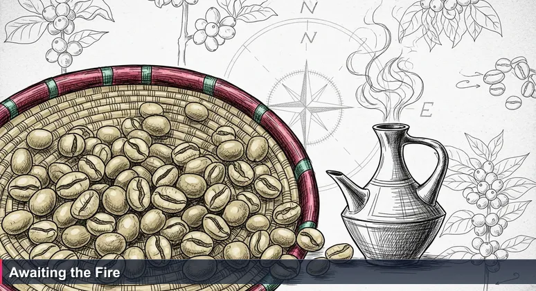 Close-up of raw green coffee beans on a traditional Ethiopian basket with a steaming jebena pot, symbolizing untapped AI potential in Ethiopia's communities.