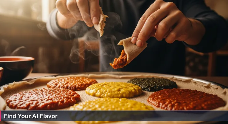 A hand holds injera over a traditional Ethiopian mesob with wat, shiro, and tibs, symbolizing the choice of AI careers in Addis Ababa.