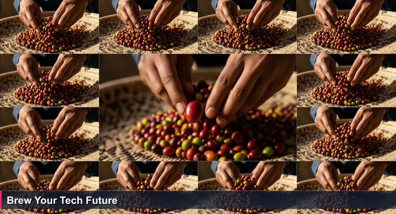 Hands sorting colorful Ethiopian coffee beans on a woven mesob basket in an Addis Ababa cafe, symbolizing the careful selection of tech career paths for 2026.