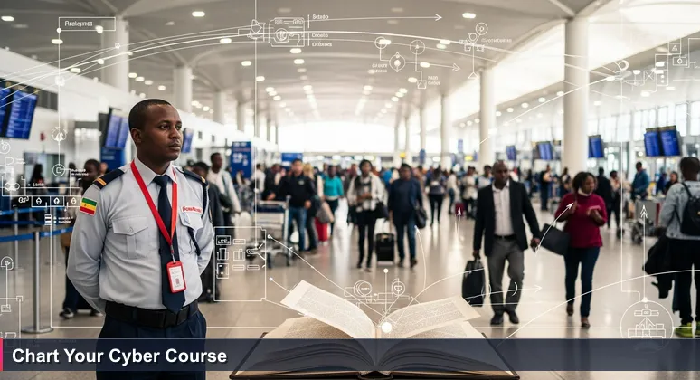 Ethiopian Airlines security officer at Bole International Airport observing passenger flow, symbolizing strategic insight into Ethiopia's 2026 cybersecurity job market.