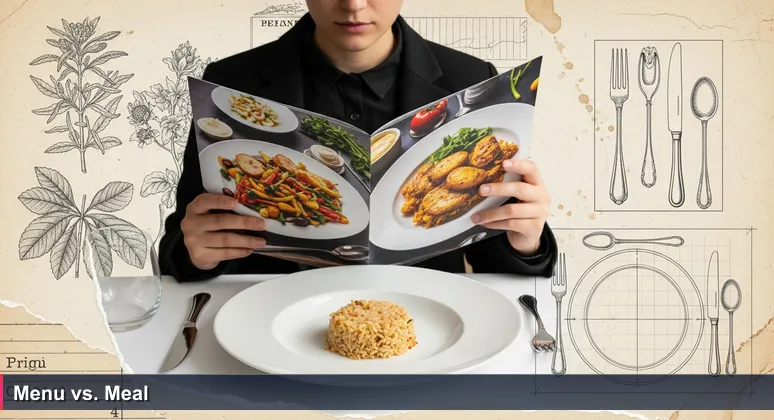 A tech professional in Addis Ababa compares a menu with a lavish salary photo to a plate with modest coins, symbolizing the gap between expected and actual income.