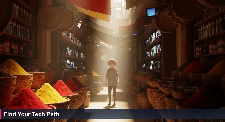 A person overwhelmed by choices at Addis Ababa's Mercato, symbolizing the search for free tech training in Ethiopia.