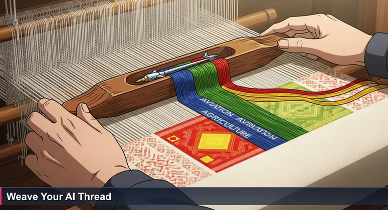 Hands of a master weaver at a traditional loom in Addis Ababa, weaving colorful threads representing AI integration into Ethiopia's banking, aviation, and agriculture industries.