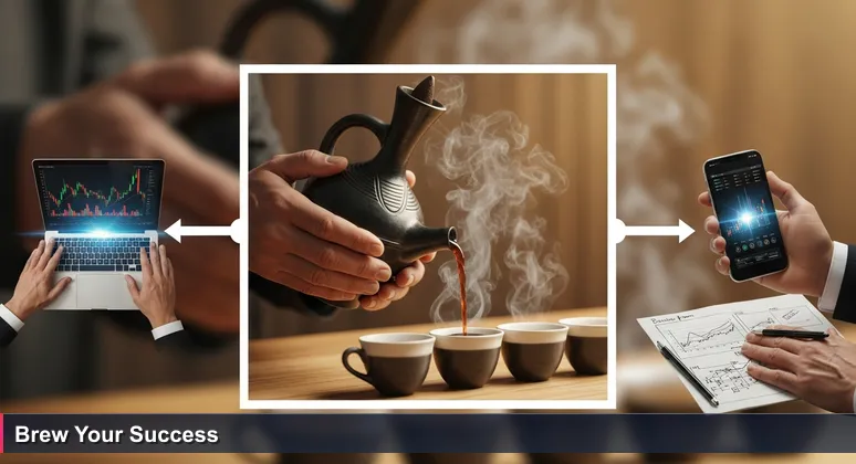 Traditional Ethiopian coffee ceremony with hands holding a laptop, smartphone, and business plans, symbolizing innovation in tech coworking spaces.